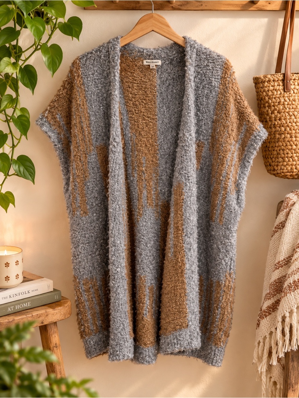 🤎 World Market Textured Open-Front Boho Cardigan Gray + Brown O/S